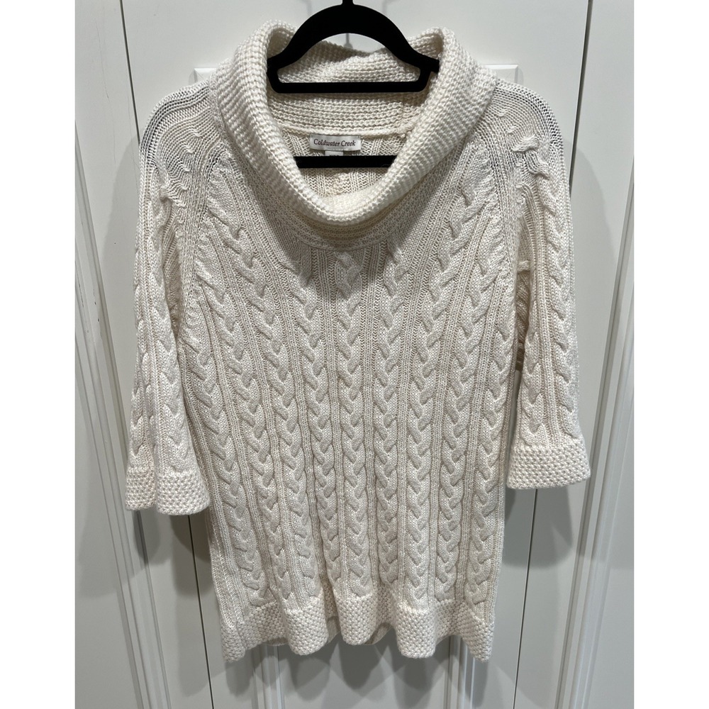 Coldwater Creek Women's Chunky Cable‎ Knit Sweater Ivory Cowl Neck Classic